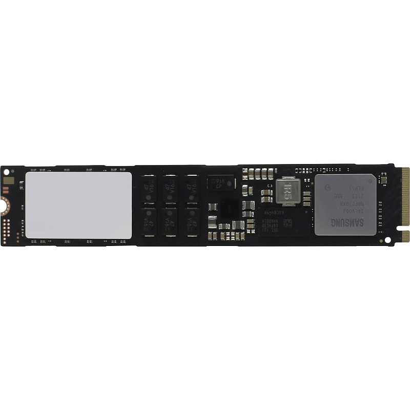 Фото-1 SSD Samsung PM9A3 MZ1L23T8HBLA, M.2 22110, 3.84 ТБ — вид спереди; показана длинная чёрная плата M.2 с рядом микросхем, дросселем, крупным контроллером Samsung и закрытой светлой наклейкой областью слева, изображение помогает идентифицировать серверный форм-фактор на странице.