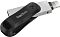 Фото-2 USB-накопитель SanDisk iXpand Go 128 ГБ, вид под углом: чёрная поворотная ручка с логотипом SanDisk и металлический корпус, справа виден разъём Lightning, в центре круглая кнопка/винт крепления; на белом фоне &mdash; демонстрирует поворотный механизм и разъём Lightning для страницы товара.