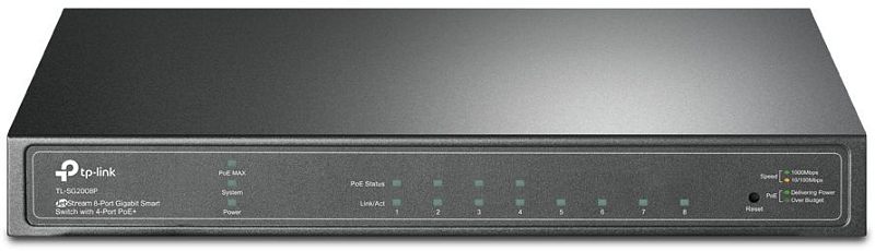 Фото-1 Коммутатор TP-Link SG2008P, фронтальный вид на белом фоне. Показан чёрный металлический корпус для настольной установки, на передней панели видны индикаторы и сетевые порты. Изображение даёт общий вид устройства для страницы товара.