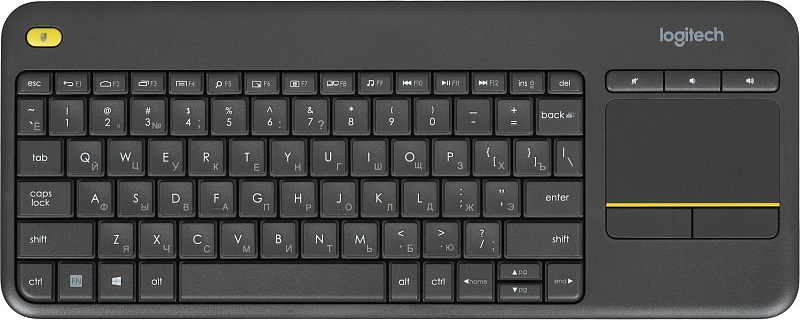 Фото-1 Клавиатура Logitech K400 Plus, вид сверху; на фото чёрный корпус с островными клавишами, встроенная сенсорная панель справа и жёлтая направляющая линия на тачпаде; подходит для карточки товара, чтобы показать общую раскладку и наличие тачпада на странице модели.