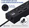 Фото-3 USB-хаб 5bites HB27-203PBK, крупный план торца: на чёрном корпусе показан разъём DC для подключения блока питания, рядом видны кабель, несколько USB-портов и переключатели, в круглом выносе изображён комплектный адаптер питания; изображение показывает способ внешнего питания для страницы о USB-концентраторе.