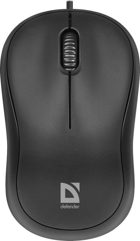 Фото-1 Проводная мышь Defender MS-759 Patch, вид сверху; на фото чёрный корпус компактной симметричной формы, колесо прокрутки и логотип Defender на нижней части, для страницы товара с базовым изображением модели.