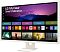 Фото-2 Монитор LG 32SR50F‑W (MyView Smart Monitor) 31,5", ракурс 3/4 спереди: белый корпус, подставка с круглым отверстием, на экране меню webOS; белый фон; важно — показывает дизайн монитора под углом.