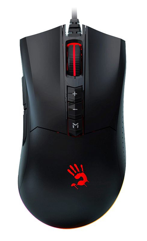 Фото-1 Проводная игровая мышь A4Tech Bloody ES9 Pro, вид сверху; чёрный корпус с красной подсветкой колеса, тремя кнопками под колесом, логотипом Bloody на спинке и RGB-подсветкой по нижнему контуру; для страницы товара это показывает верхнюю компоновку и световые зоны модели.