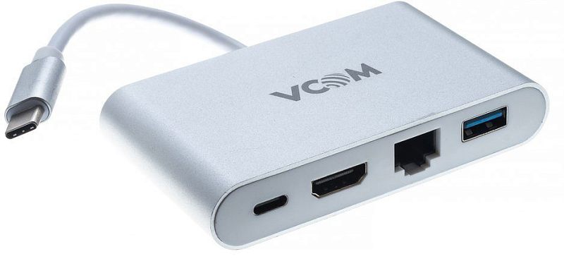 Фото-1 Порт-репликатор VCOM CU455, вид под углом: серебристый корпус с кабелем USB‑C; на торце USB‑C, HDMI, RJ‑45 и USB‑A (синяя вставка); на белом фоне, показывает набор портов для подключения монитора и сети.