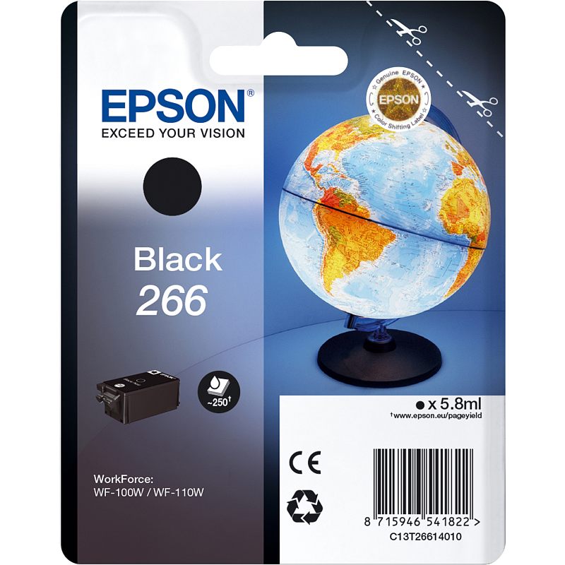 Фото-1 Картридж Epson 266 Black 5.8 мл, фронтальный вид блистера; упаковка с изображением глобуса, чёрной цветовой точкой, маркировкой Black 266, значком ресурса около 250 страниц и совместимостью WorkForce WF-100W/WF-110W. Фото показывает серию, цвет и тип упаковки картриджа на странице товара.