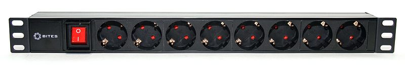 Фото-1 Блок розеток 5BITES PDU819P-08 1U, фронтальный вид: восемь розеток Schuko в ряд, красный клавишный выключатель, логотип 5BITES слева, монтажные «ушки» 19″; чёрный корпус, чтобы проверить количество розеток и наличие выключателя.