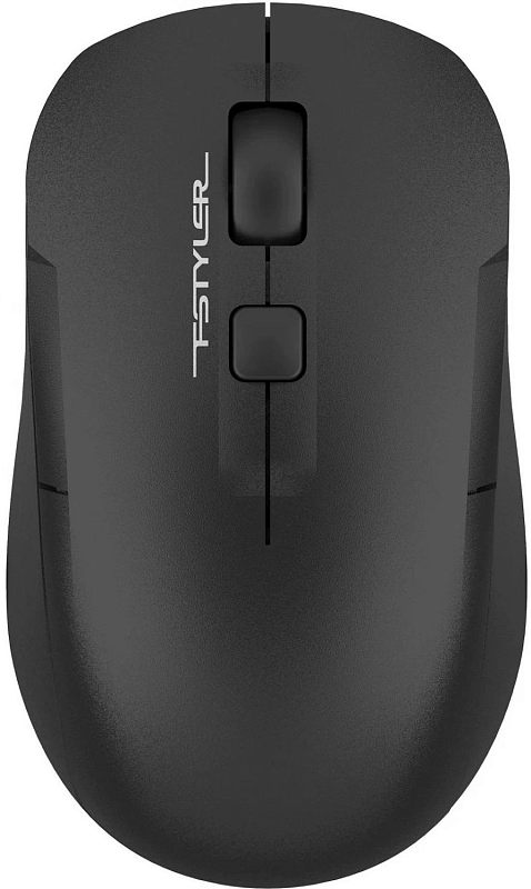 Фото-1 Беспроводная мышь A4Tech FG16CS Air2, чёрная, вид сверху; на фото видны колесо прокрутки, кнопка за колесом и логотип Fstyler на матовой верхней панели, что важно для страницы товара с базовой компоновкой модели.