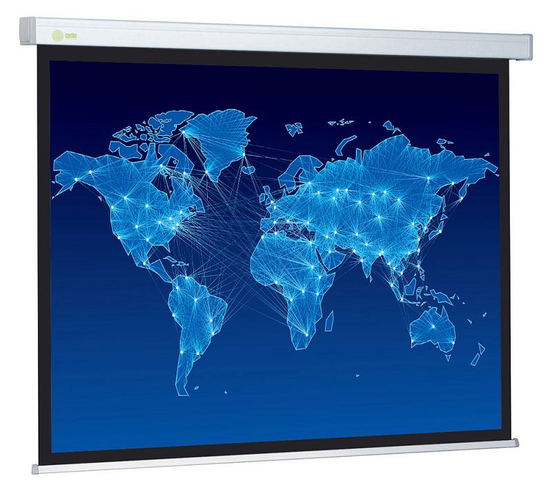 Фото-1 Экран настенно-потолочный Cactus WallScreen CS-PSW 150×150 см (1:1), вид под углом; серебристый корпус и нижняя планка, чёрная рамка; на полотне синяя карта мира с линиями и точками.