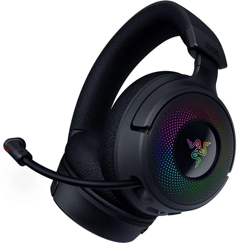 Фото-1 Наушники с микрофоном Razer Kraken V4, чёрные, общий вид спереди под углом. На фото видны круглые чашки с многоцветной подсветкой, широкое мягкое оголовье и выдвижной микрофон, что помогает показать внешний вид игровой гарнитуры на странице товара.