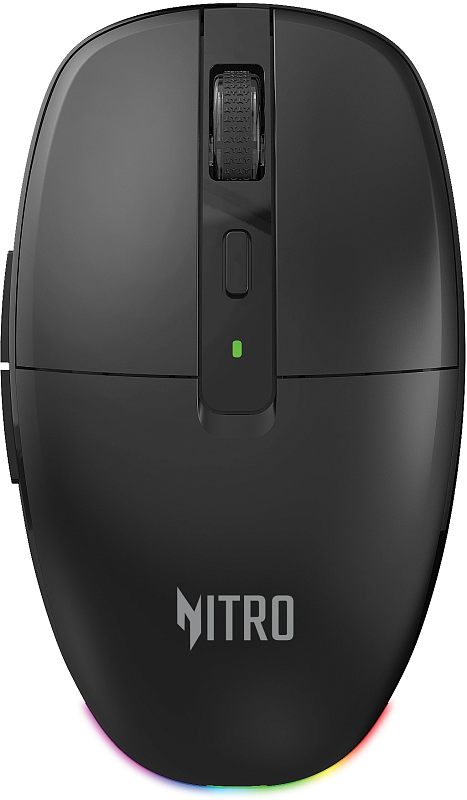 Фото-1 Беспроводная мышь Acer Nitro OMR400, чёрная, вид сверху; видны колесо прокрутки, центральная кнопка, световой индикатор и RGB-подсветка по задней кромке; изображение для страницы товара показывает верхнюю компоновку и подсветку корпуса.
