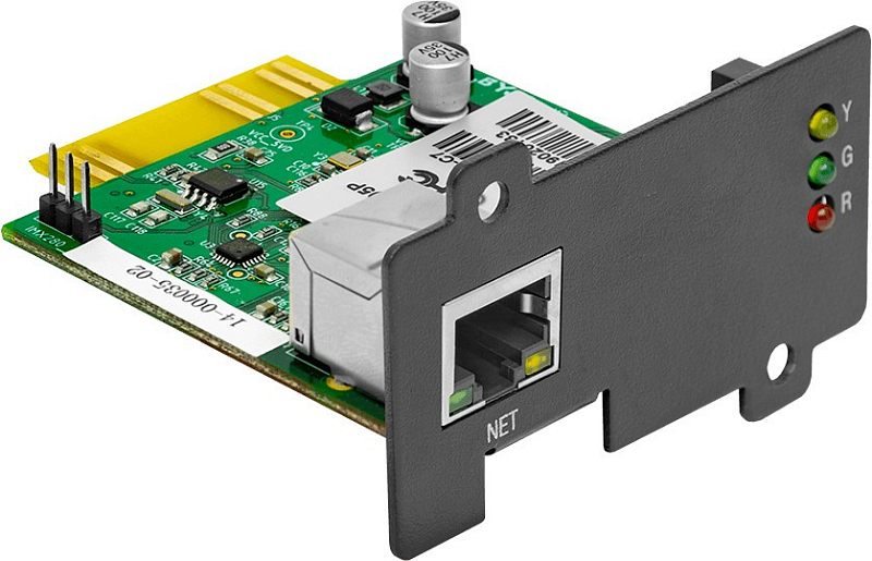 Фото-1 Плата управления Импульс CNST400: вид под углом — зелёная PCB с чёрной лицевой планкой, сетевой порт RJ45 «NET» и три индикатора (Y/G/R); помогает определить интерфейс мониторинга на странице товара.