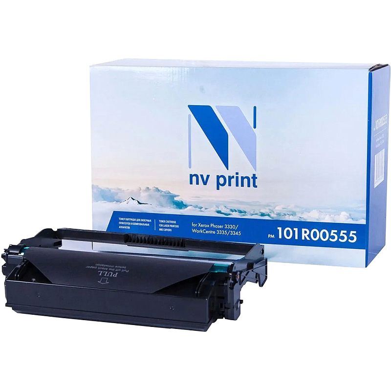 Фото-1 Барабан NV Print 101R00555, вид с коробкой под углом: показан чёрный корпус барабана с длинной верхней направляющей, бирюзовым фотобарабаном внутри и маркировкой PULL на крышке; фото помогает увидеть форму и рабочую часть барабанного блока на странице товара.