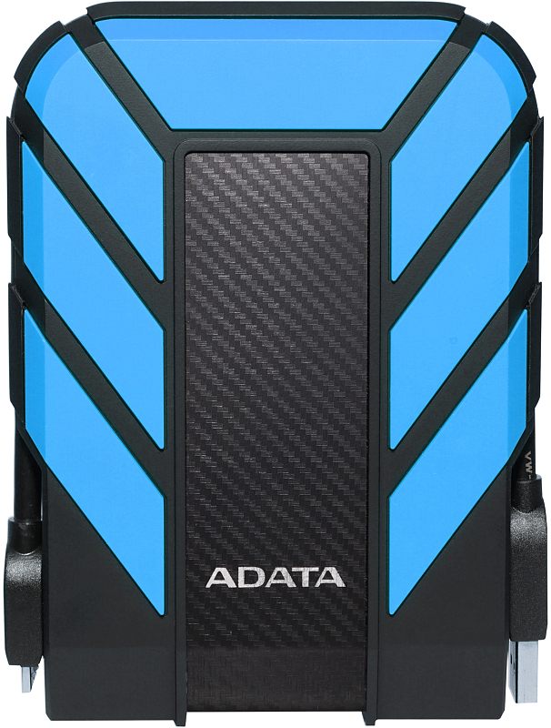 Фото-1 Внешний жёсткий диск ADATA HD710 Pro AHD710P-1TU31-CBL — фронтальный вид; голубые панели на чёрном ударопрочном корпусе, диагональные рельефные накладки и центральная вставка с карбоновой текстурой; фото помогает определить расцветку и дизайн модели на странице товара.