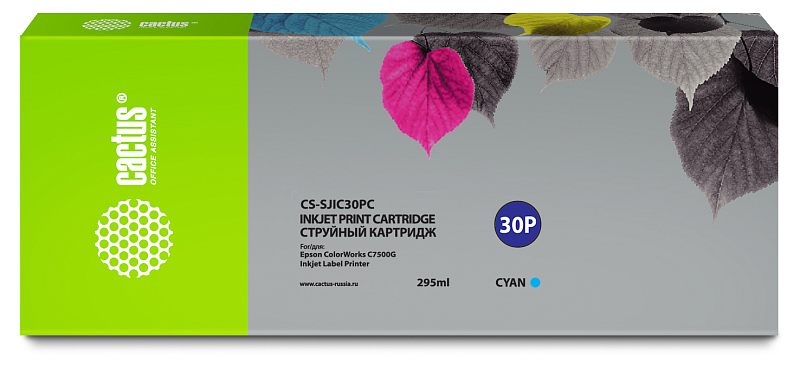 Фото-1 Картридж Cactus SJIC30PC, вид спереди на коробку. На фото длинная коробка с зелёной левой панелью, серой лицевой частью, маркировкой CS-SJIC30PC, круглой меткой 30P и обозначением cyan. Объём на лицевой стороне — 295 мл. Изображение важно для страницы товара, потому что показывает упаковку, модель и цвет картриджа.