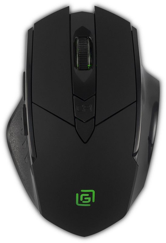 Фото-1 Беспроводная игровая мышь Oklick 780GW, вид сверху; чёрный корпус с угловатыми линиями, колесо прокрутки в центральном канале, кнопка CPI под колесом, зелёный логотип на задней части и боковые кнопки слева; для страницы товара это показывает верхнюю компоновку и форму корпуса.