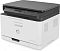 Фото-6 МФУ HP Color Laser 178nw, вид спереди под углом; белый корпус с логотипом HP, тёмно-серая верхняя часть со сканером и панелью управления, боковые вентиляционные решётки; на белом фоне, чтобы показать форму корпуса и расположение панели управления.