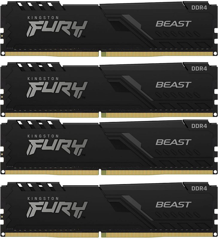 Фото-1 Комплект памяти Kingston FURY Beast Black 128GB KF432C16BBK4/128, вид спереди: четыре модуля DIMM DDR4 расположены один под другим. Видны чёрные радиаторы, надписи FURY и BEAST и золотистые контакты. Фото показывает лицевую сторону комплекта из 4 модулей для страницы товара.