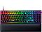 Фото-1 Клавиатура Razer Huntsman V2, вид спереди с подставкой для запястий; полноразмерная раскладка с цифровым блоком, чёрный корпус, RGB-подсветка клавиш, круглой регулятор громкости и отдельные мультимедийные кнопки справа. Для страницы товара важно, потому что изображение показывает формат клавиатуры и комплект с подставкой.