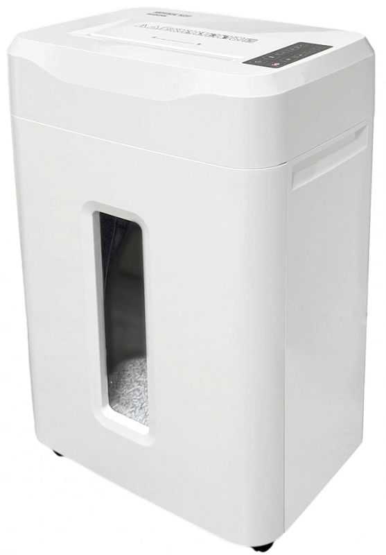 Фото-1 Уничтожитель бумаги Office Kit S225 (OK1912S225), общий вид под углом: белый корпус, спереди узкое смотровое окно с измельчённой бумагой, сверху приёмный слот и чёрная панель кнопок справа; фото на белом фоне нужно для идентификации модели в каталоге.