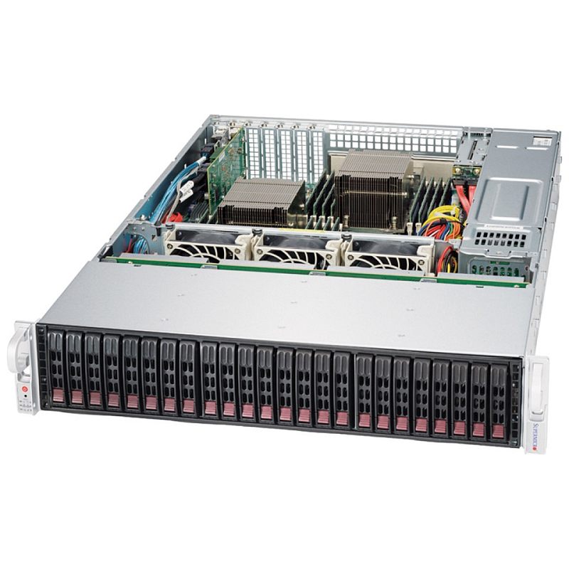 Фото-1 Серверное шасси Supermicro CSE-216BE2C-R920LPB 2U, вид спереди и сверху с открытой крышкой, фронтальная корзина дисков, блок вентиляторов и радиаторы, чёрный/серебристый, для установки в 19-дюймовую стойку.