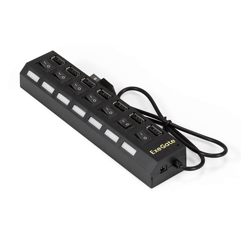 Фото-1 USB-хаб Exegate DUB-72SW, вид сверху под углом: семь портов USB-A и семь тумблеров включения, чёрный корпус; показывает распределение портов для подключения нескольких устройств.