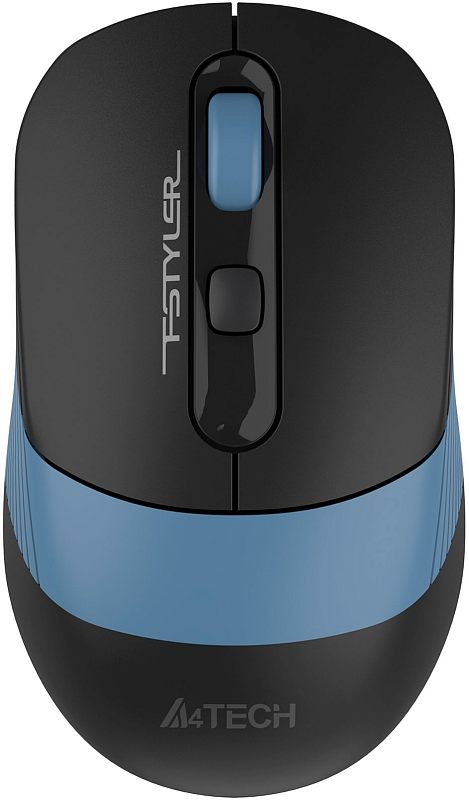 Фото-1 Беспроводная мышь A4Tech Fstyler FB10CS, чёрная с голубыми вставками, вид сверху; чёрная верхняя панель, голубое колесо прокрутки, кнопка за колесом и широкая голубая полоса в задней части корпуса; изображение показывает цветовое исполнение и верхний блок управления модели.
