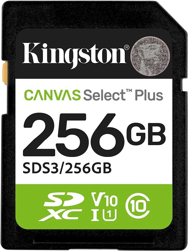 Фото-1 Карта памяти SDXC Kingston Canvas Select Plus 256GB — крупный план лицевой стороны SD-карты: чёрный корпус, белая этикетка с зелёной полосой, маркировка 256GB и SDS3/256GB, логотип SDXC и значок V10; на белом фоне для идентификации товара