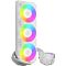Фото-2 Система водяного охлаждения ARCTIC Liquid Freezer III Pro 360 A-RGB — радиатор поставлен вертикально, вид спереди на три белых вентилятора с подсветкой; помпа рядом, белые шланги в оплётке для прокладки в корпусе ПК.