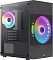 Фото-2 Корпус Aerocool Atomic Lite, вид спереди слева с включённой подсветкой. Видны передний и задний вентиляторы с многоцветной подсветкой, сетчатая фронтальная панель и прозрачная боковая стенка. Для страницы товара фото показывает вариант внешнего вида корпуса с подсветкой.