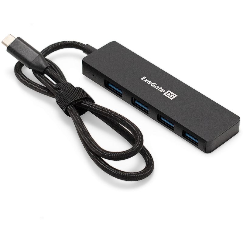 Фото-1 USB-хаб Exegate DUB-4C/3, вид сверху под углом: компактный прямоугольный корпус, подключенный кабель, чёрный; показывает общий вид и форм-фактор для размещения рядом с ноутбуком/ПК.
