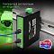 Фото-8 PoE‑инжектор DIGMA DNP90W48GDXM, пример монтажа на DIN‑рейке; подключены два Ethernet‑кабеля (синий и красный), рядом указан диапазон температур; важно для представления установки в электротехническом шкафу.