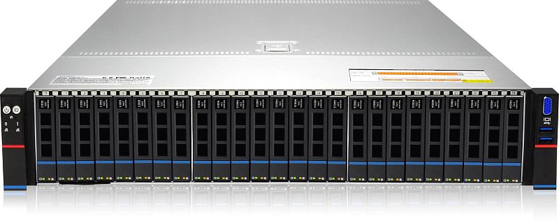 Фото-1 Сервер iRU G2225P 25x2.5 Rack 2U, фронтальный вид; чёрная передняя панель с двадцатью пятью узкими отсеками для накопителей, кнопками и индикаторами слева, портами VGA и USB справа, сверху видна серая крышка; важен для страницы товара, потому что показывает компоновку передней панели.