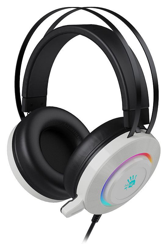 Фото-1 Наушники с микрофоном A4Tech Bloody G521 White, белая гарнитура спереди-сбоку на светлом фоне; видны белые чаши с круговой RGB-подсветкой, чёрные амбушюры, двойное подвесное оголовье и белый выносной микрофон; изображение показывает цветовое исполнение и форму модели на странице товара.