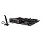 Фото-3 Материнская плата ASUS ROG Strix B650E‑E Gaming WiFi &mdash; низкий ракурс с демонстрацией платы в горизонтальном положении и задней панели; видны экранированные слоты PCIe, массивные радиаторы, а также блок разъёмов I/O с цветными аудио‑гнёздами; важно для понимания высоты кожухов и доступа к разъёмам при установке в корпус.
