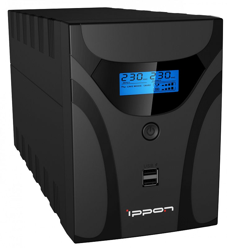 Фото-1 ИБП Ippon Smart Power Pro II 1600, вид спереди слева; башенный корпус с синим LCD-дисплеем, круглой кнопкой питания и двумя USB-портами на лицевой панели; чёрный корпус на светлом фоне для страницы товара и показа внешнего вида модели.