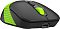 Фото-8 Беспроводная мышь A4Tech Fstyler FG10CS Air Sports Green, вид сверху под углом; на фото чёрная верхняя панель, зелёная поперечная вставка, зелёное колесо и логотип A4TECH на задней части; изображение показывает компоновку элементов на странице товара.