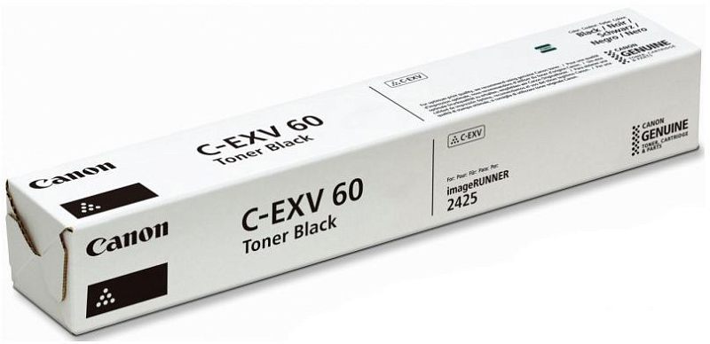 Фото-1 Тонер Canon C-EXV 60 4311C001, чёрный — вид коробки под углом на светлом фоне. Показаны длинная белая упаковка, надписи Canon C-EXV 60 Toner Black и обозначение imageRUNNER 2425 на боковой панели. Фото помогает идентифицировать модель тонера и тип фирменной упаковки для страницы товара.