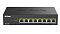 Фото-1 Коммутатор D-Link DMS-108P, фронтальный вид: восемь портов RJ45 с нумерацией 1-8, слева индикаторы PoE MAX, чёрный корпус с тиснёным логотипом; на белом фоне для страницы товара, чтобы показать лицевую панель и портовый ряд.