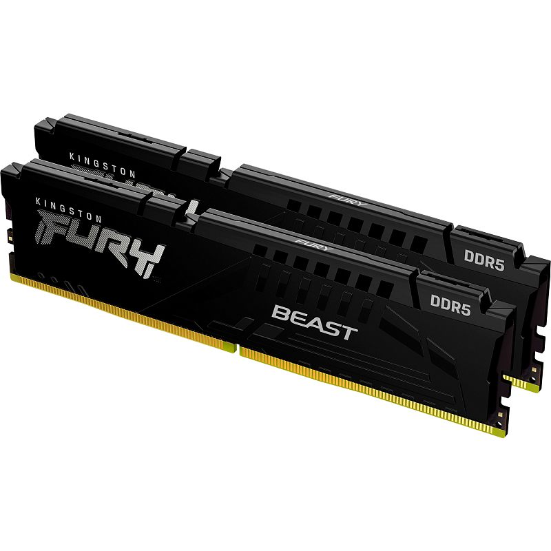 Фото-1 Комплект памяти Kingston FURY Beast Black EXPO KF568C34BBEK2/32, две DIMM-планки в перспективе на светлом фоне. Видны лицевые стороны чёрных радиаторов, логотипы Kingston FURY, надписи BEAST и метки DDR5 на торцах. Чёрный цвет. Фото в карточке товара показывает комплект из двух модулей и общий дизайн версии без RGB.