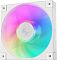 Фото-7 Корпусный вентилятор DeepCool FD12 WH ARGB, крупный план спереди: белая рамка, размытие лопастей в движении, многоцветная подсветка по кругу, логотип на центральной втулке.
