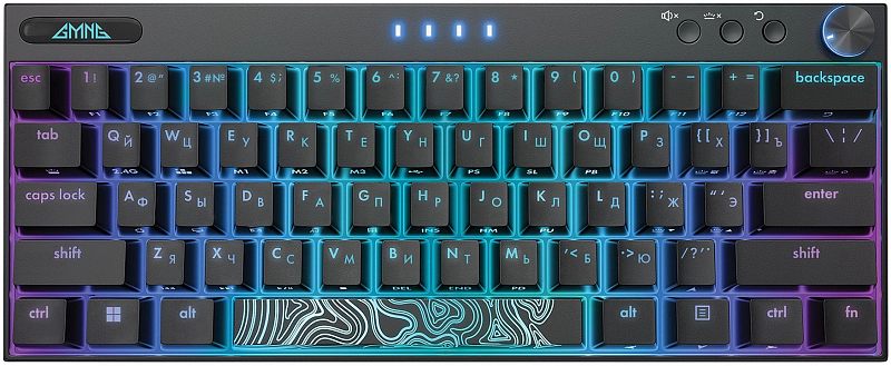 Фото-1 Механическая клавиатура GMNG GG-KB500XW, вид сверху; компактная раскладка без цифрового блока, чёрный корпус, тёмные клавиши и RGB-подсветка по периметру и под кейкапами, фото для страницы товара, чтобы показать раскладку и световые зоны.