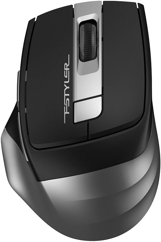 Фото-1 Мышь A4Tech Fstyler FG35S, вид сверху; серо-чёрный корпус с центральным колесом, серебристой продольной вставкой и отдельной кнопкой над колесом; фото показывает верхнюю панель и вертикально ориентированную форму корпуса для страницы товара беспроводной мыши.