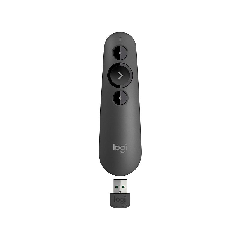 Фото-1 Презентер Logitech R500s, вид спереди с USB-ресивером; на фото чёрный вытянутый корпус с тремя круглыми кнопками, центральной кнопкой со стрелкой и логотипом logi, ниже отдельно показан USB-приёмник; изображение показывает органы управления и комплект для страницы товара с беспроводным презентером.
