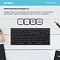 Фото-6 Клавиатура A4Tech FBX51C Grey, инфографика на рабочем столе; графитовая компактная клавиатура показана рядом с обозначениями Windows, Mac, iOS и Android, акцент на клавишах переключения раскладки; изображение важно для страницы товара, чтобы показать совместимость с разными ОС.