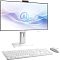 Фото-3 Моноблок MSI Modern AM273QP AI 1UM 094XRU, вид спереди под углом справа в белом цвете; на фото видны тонкая рамка дисплея, веб-камера сверху, подставка с овальным вырезом и комплектные клавиатура и мышь, что важно для понимания компоновки рабочего места.