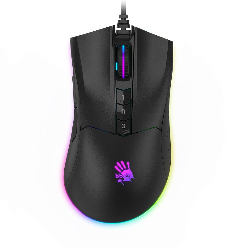 Фото-1 Проводная мышь A4Tech Bloody P90S Stone Black, вид сверху. На фото чёрный корпус с матовой поверхностью, колесо прокрутки с RGB-подсветкой и три центральные кнопки с маркировкой 1, N и 3. Изображение показывает верхнюю панель и форму корпуса для страницы товара игровой мыши.