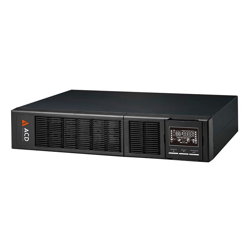 Фото-1 ИБП ACD PW Rackline Pro 1000i 1000 VA Rack 2U 83-122205-00G, вид спереди под углом; чёрный корпус 2U с крупной вентиляционной решёткой слева, дисплеем справа и кнопками управления под экраном; фото показывает общий вид стойчного ИБП для страницы товара.