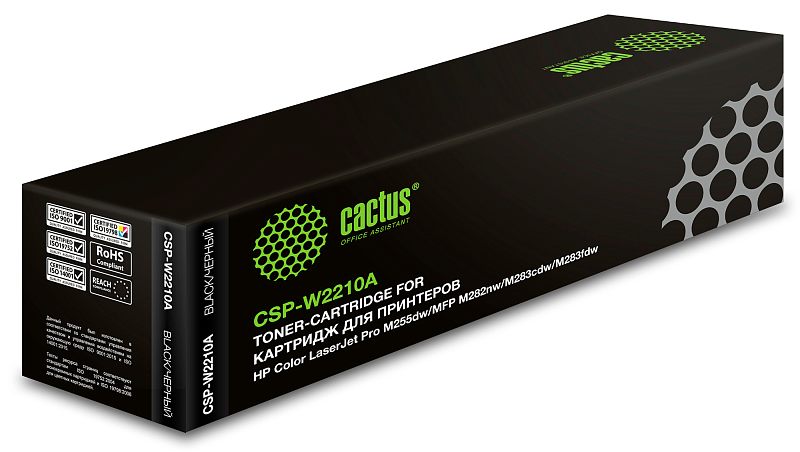 Фото-1 Тонер-картридж Cactus CSP-W2210A, чёрный, коробка в ракурсе спереди-слева. На фото длинная чёрная упаковка с зелёным логотипом, маркировкой BLACK и моделью на лицевой стороне. Изображение показывает упаковку и обозначение цвета картриджа, что важно для страницы расходного материала.