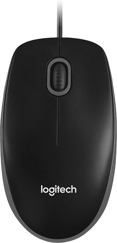 Фото-1 Проводная мышь Logitech B100, вид сверху; чёрный корпус, рифлёное колесо прокрутки в серой рамке, кабель выходит из верхней части, логотип Logitech в нижней зоне; фото важно для идентификации базовой компоновки модели на странице товара.